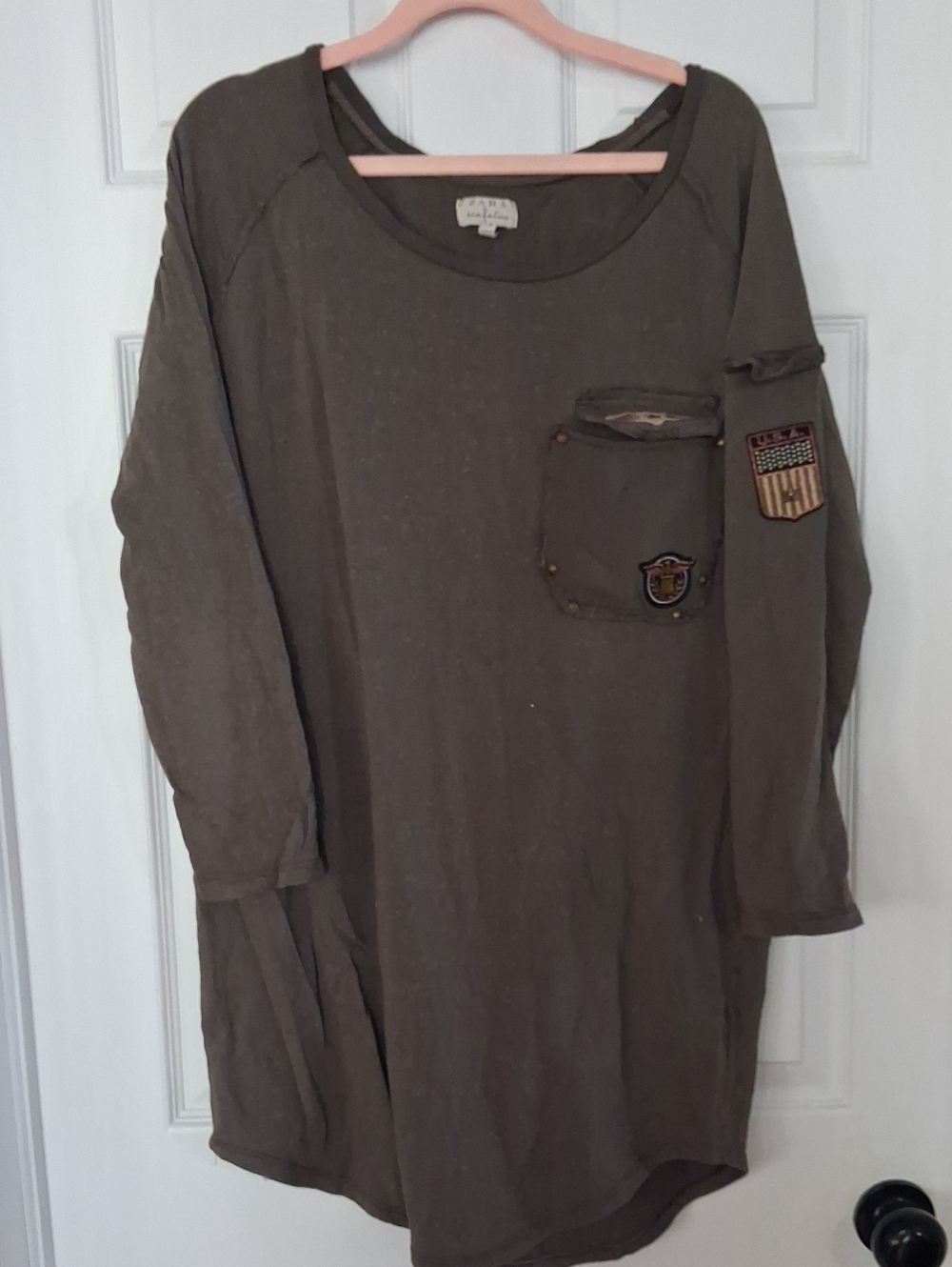 Zara Olive Green Long Sleeve Pocket Tee with Patch Detail